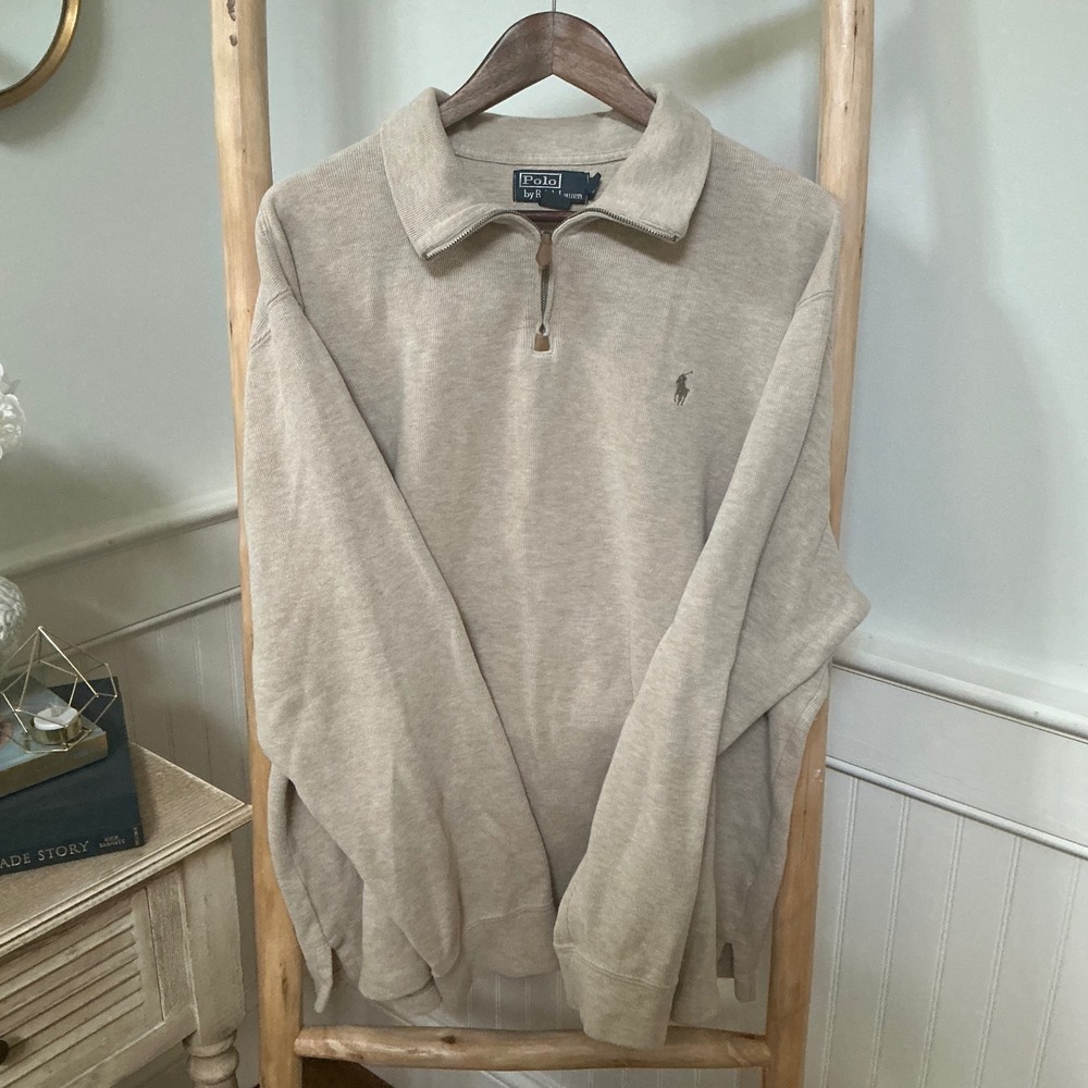 Polo Ralph Lauren Mens XXL Beige Oatmeal Cotton Quarter Zip Pullover Sweater